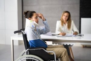 Depressed woman on a wheelchair seeking claims from accident.