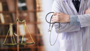 Doctor holding stethoscope with scale on the side.
