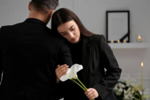 Sad couple with calla lily flowers mourning indoors.